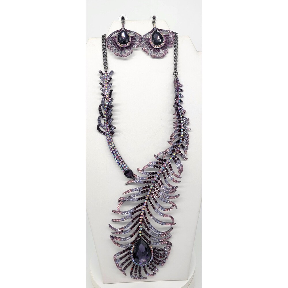 Sophia Purple AB Rhinestone Statement Necklace Earrings Set Peacock Feather